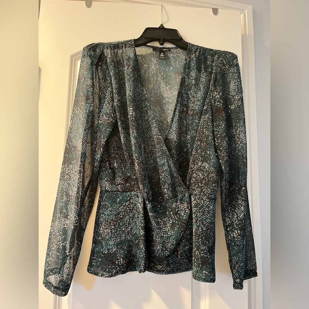 Aqua Sheer V-Neck Blouse